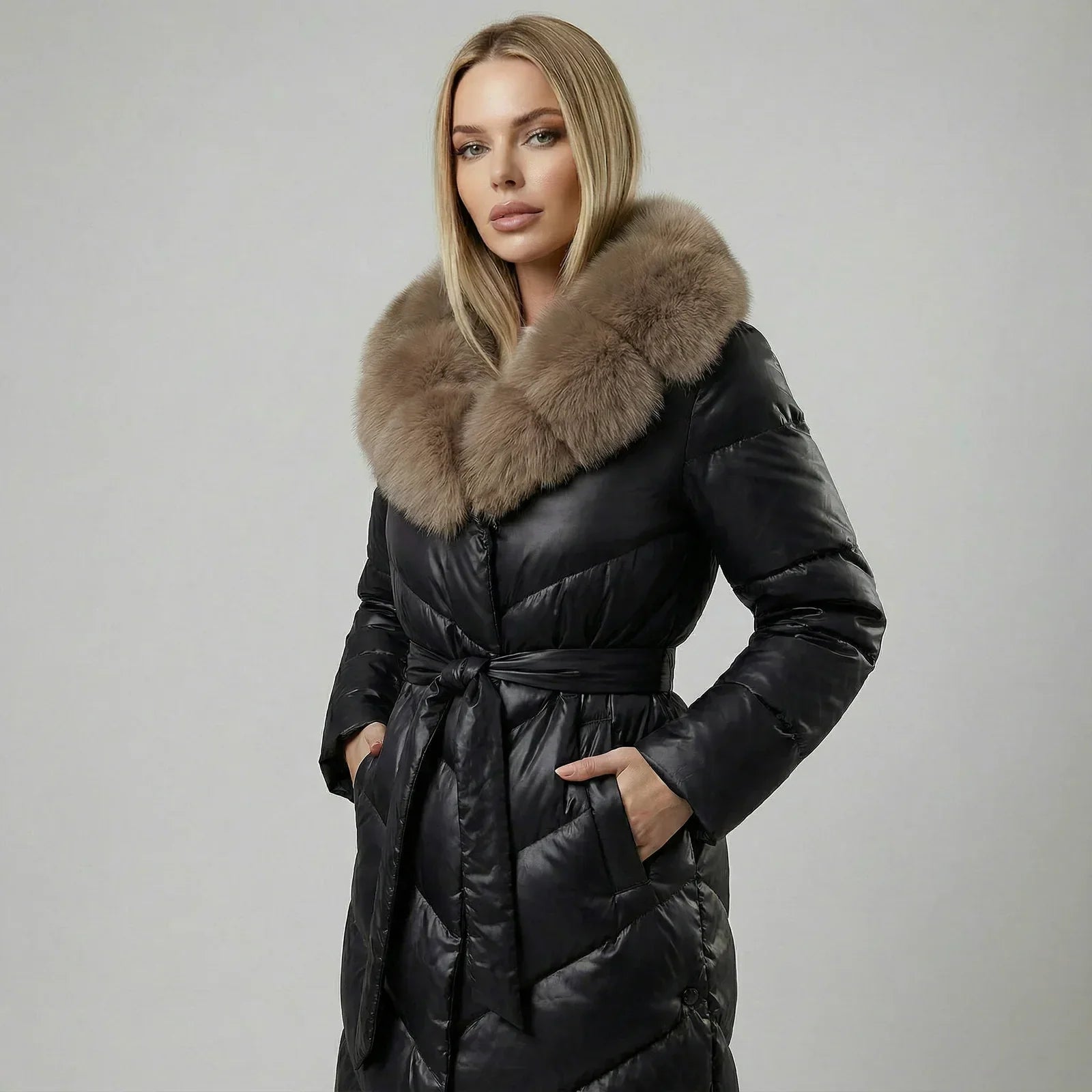 Khrystina - Long Manteau Chic Matelassé Col en Fourrure