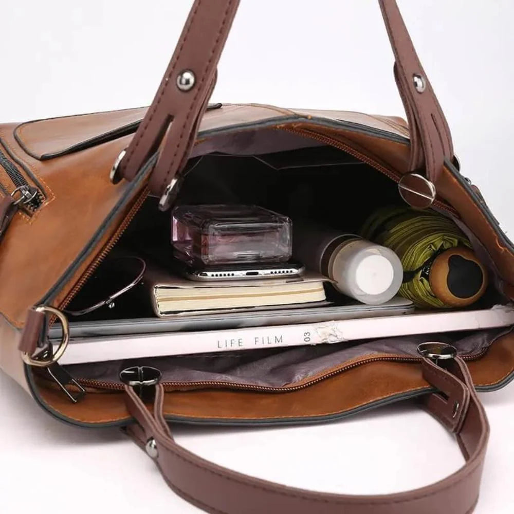 Fanie - Tote de Cuero Vintage con Bolsillos Laterales