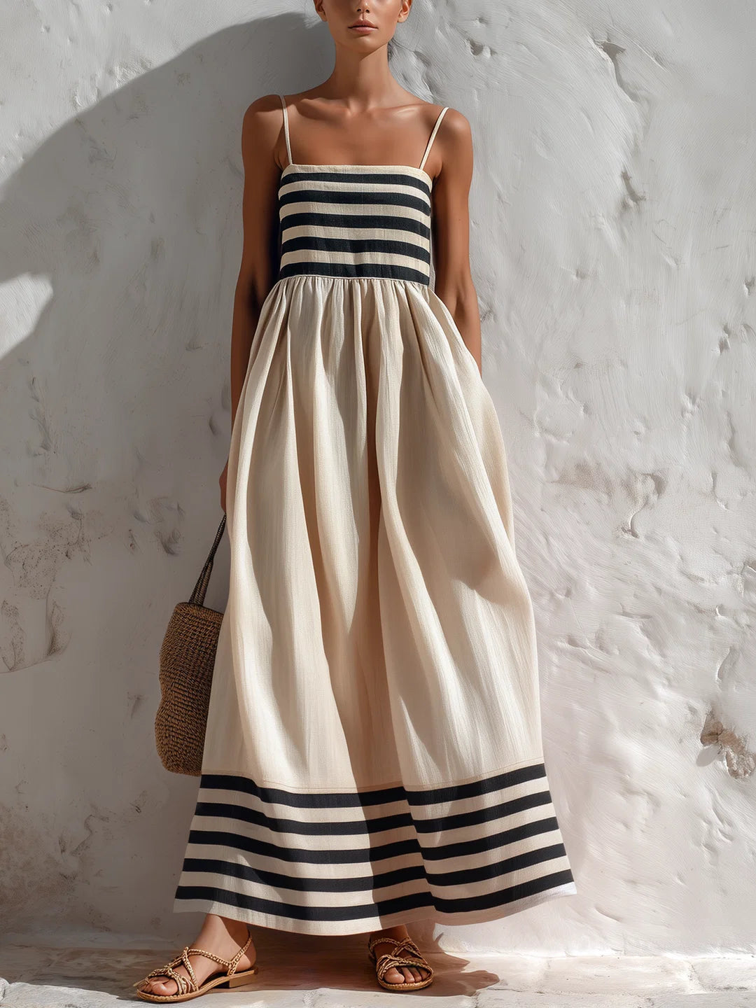 Maud - Vestido Largo Acampanado de Lino Crudo a Rayas con Tirantes