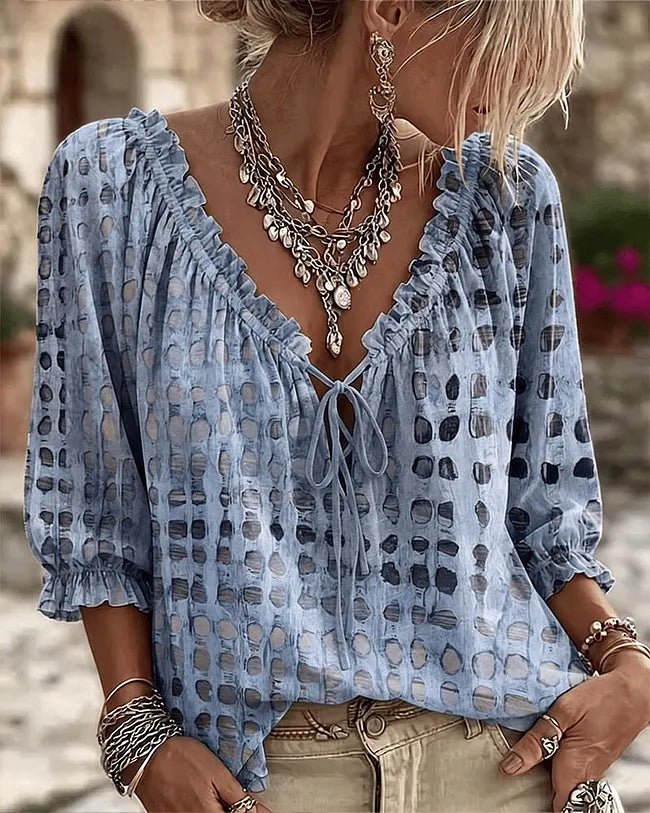 Olaya - Blusa de Lunares Irregulares con Cuello de Lazo