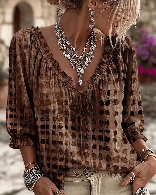 Olaya - Blusa de Lunares Irregulares con Cuello de Lazo