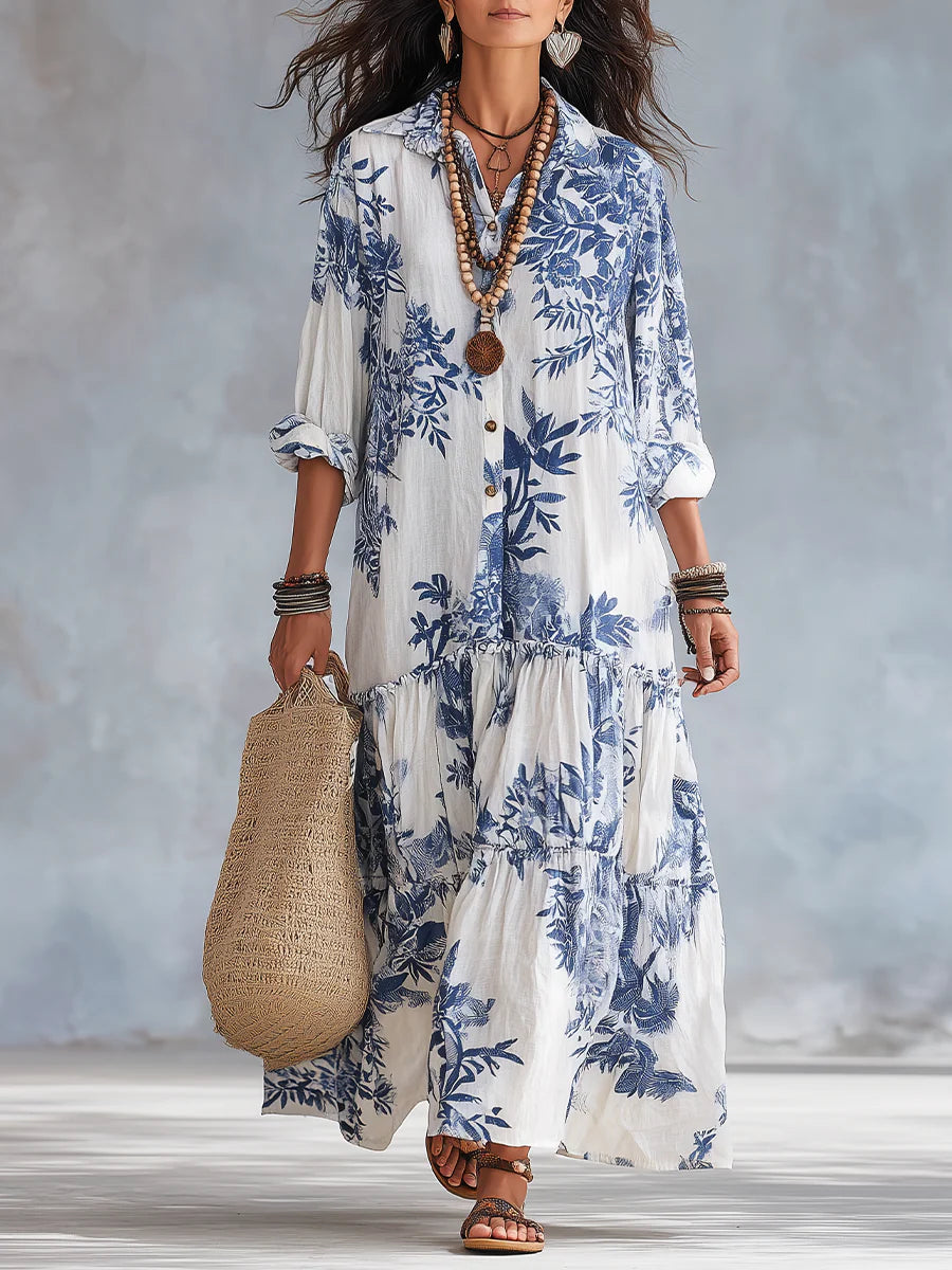 Herina - Vestido Camisero de Algodón y Lino con Hojas y Volantes