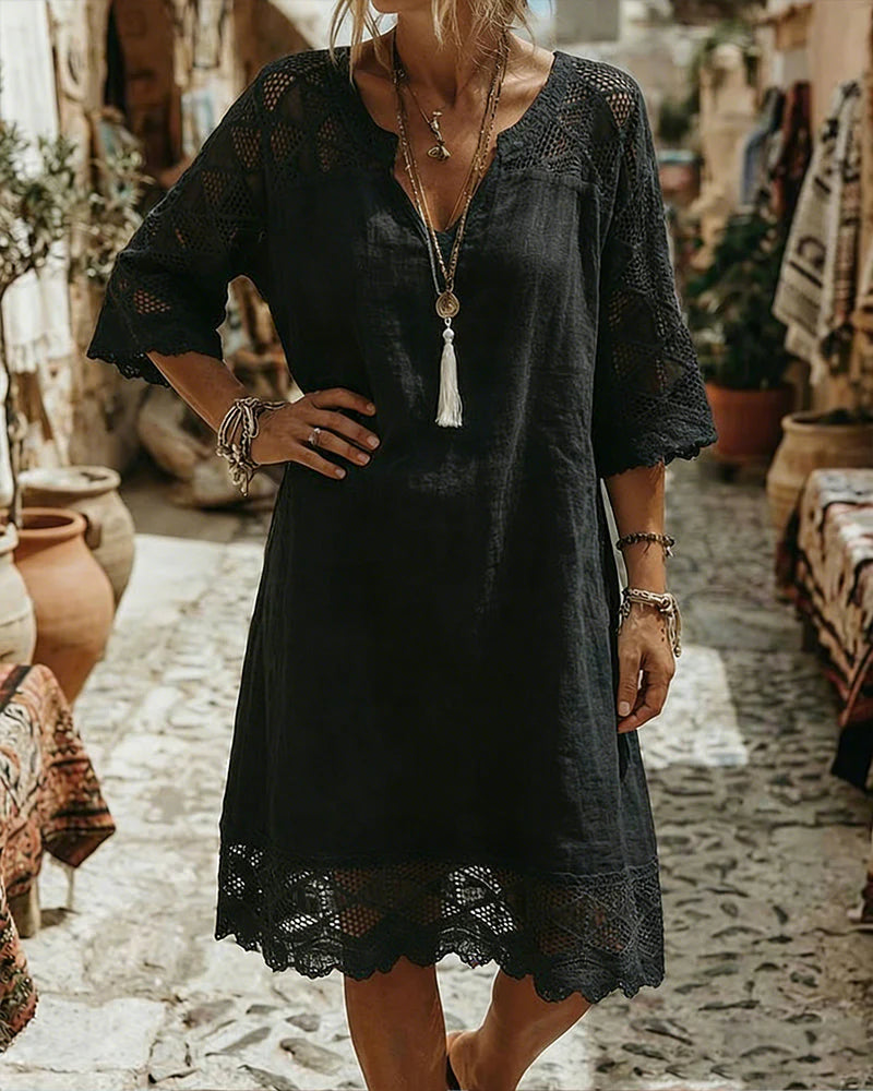 Valeriane - Vestido Recto Boho de Lino (collar de regalo)