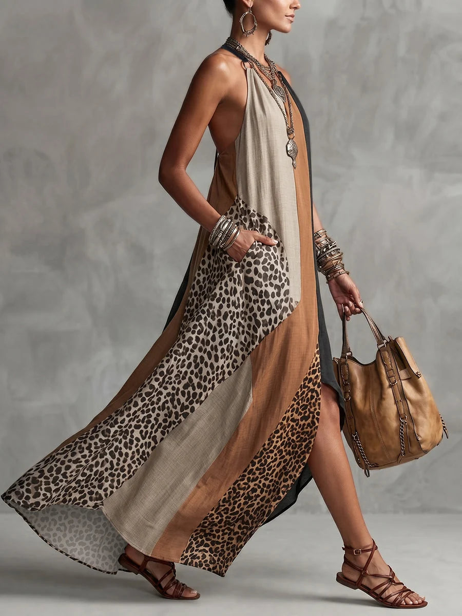 Tyana - Vestido Maxi Fluido de Patchwork Leopardo