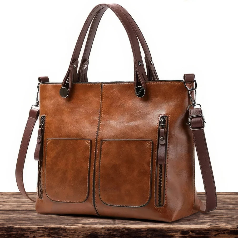 Fanie - Tote de Cuero Vintage con Bolsillos Laterales