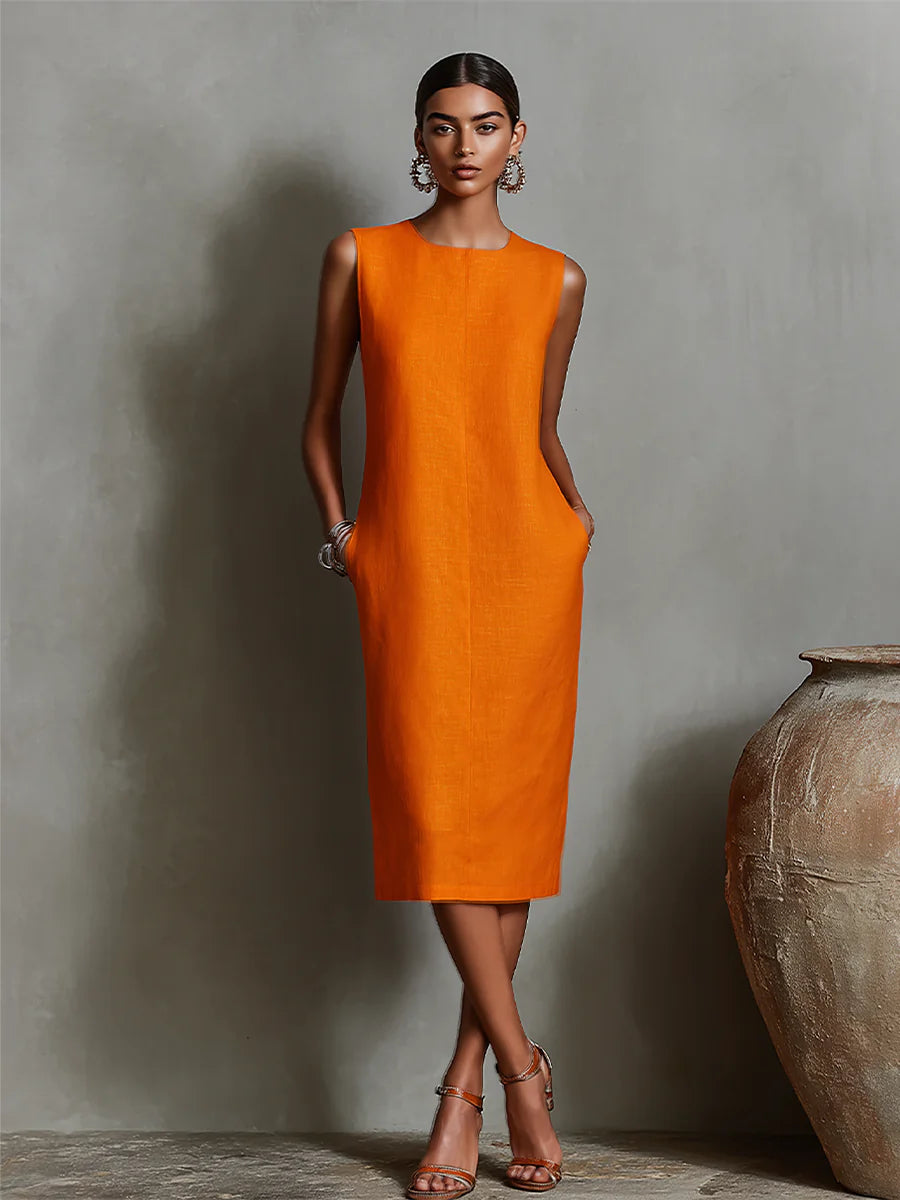 Zaira - Vestido Midi Elegante de Corte Recto con Bolsillos