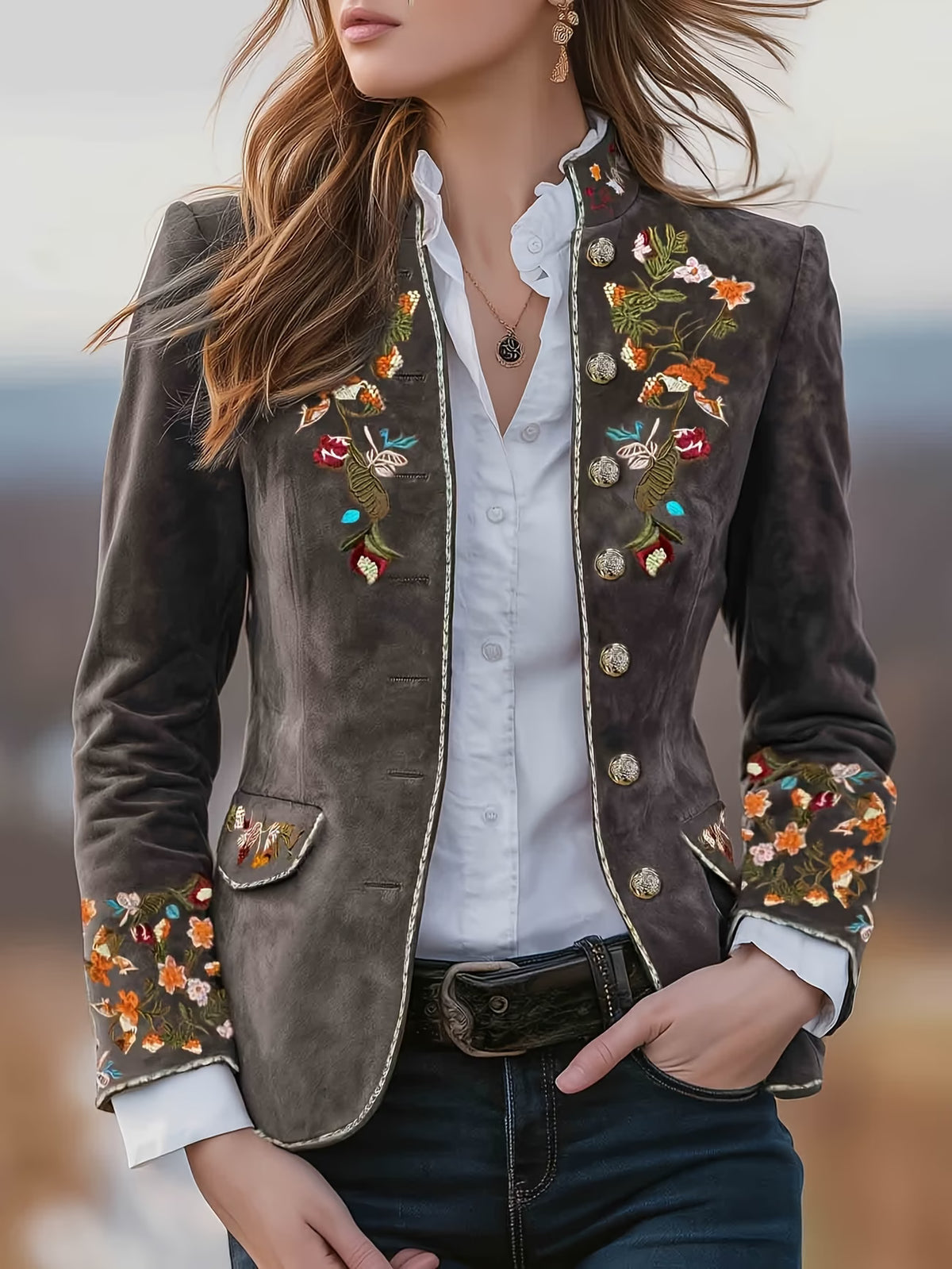 Mahault - Chaqueta de Ante Bordada Retro Chic con Cuello Alto