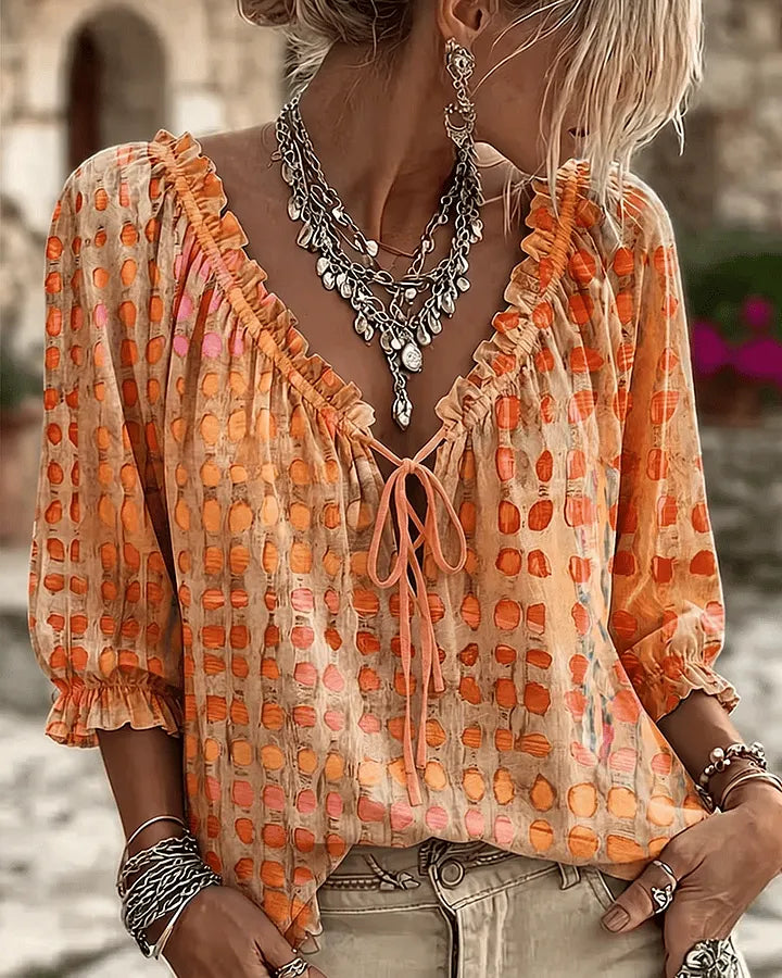 Olaya - Blusa de Lunares Irregulares con Cuello de Lazo