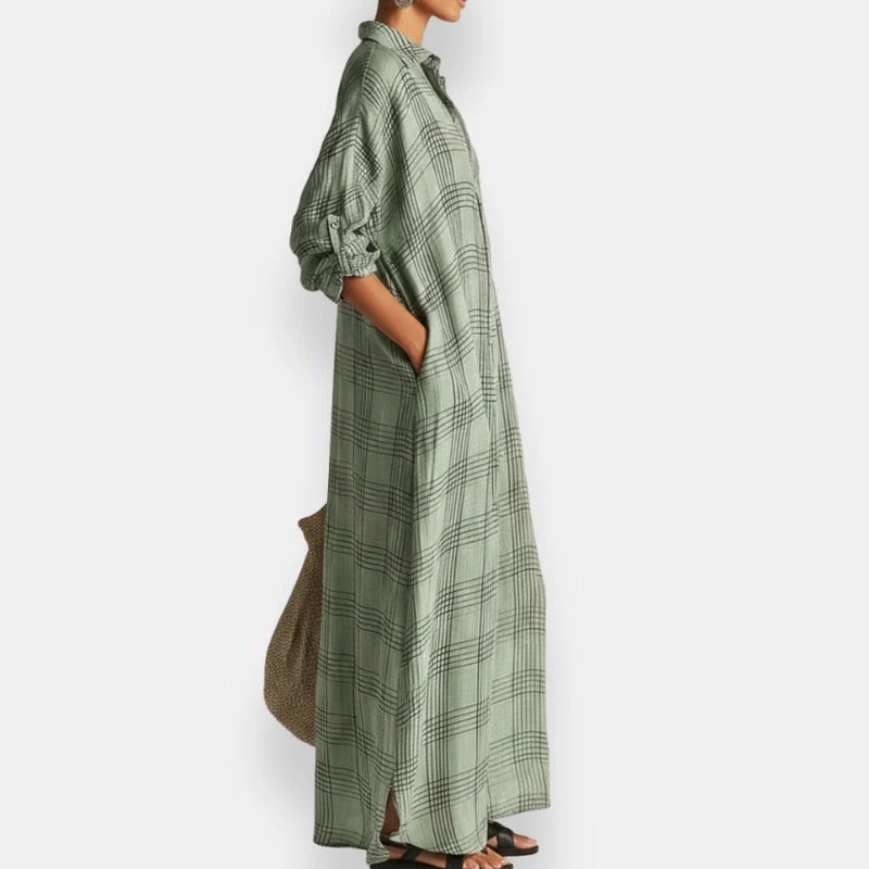 Naima - Vestido Maxi Camisero Oversize de Cuadros