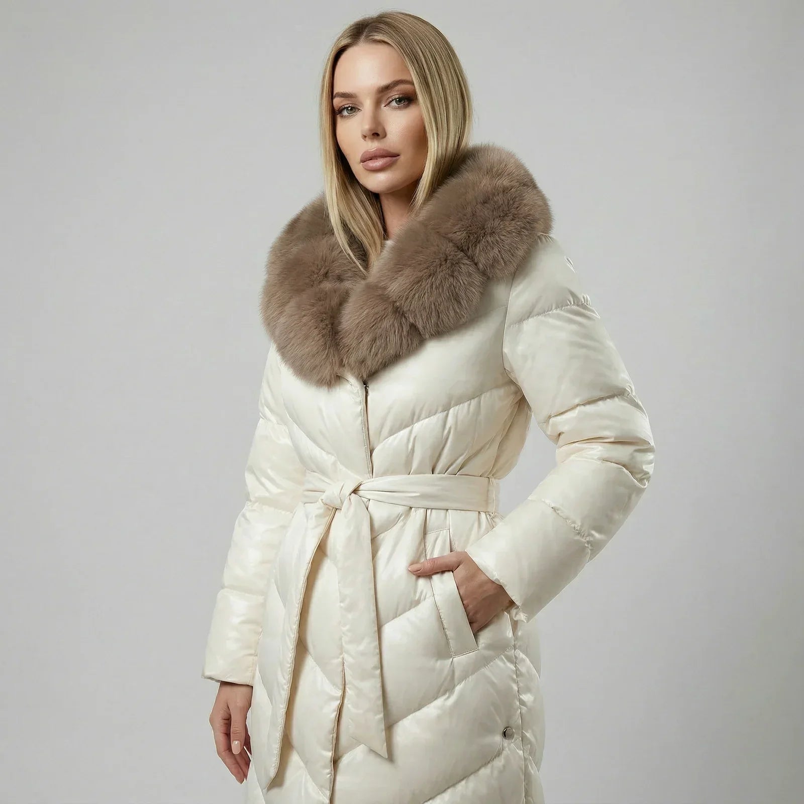 Khrystina - Long Manteau Chic Matelassé Col en Fourrure