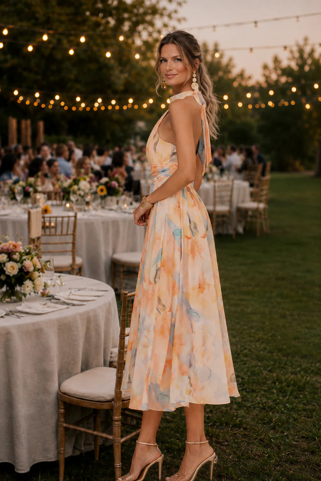 Antonela - Vestido Acuarela Melocotón con Espalda Descubierta