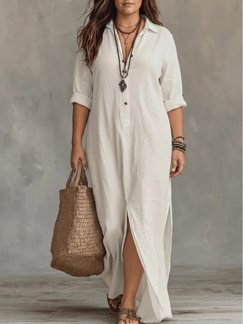Whitney - Vestido Maxi Camisero con Abertura y Collar