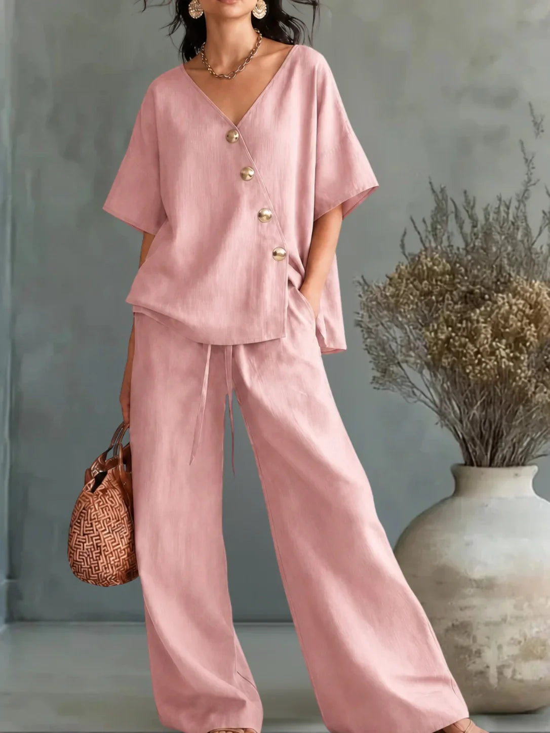 Gislaine - Conjunto Blusa y Pantalón Amplio de Lino y Algodón