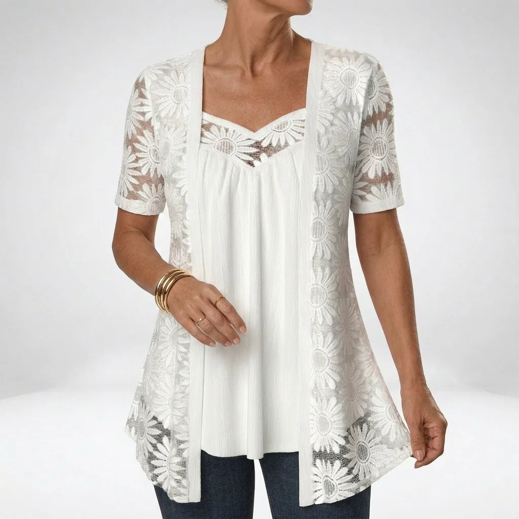 Yolaine - Blusa Femenina con Chaqueta Floral Bordada