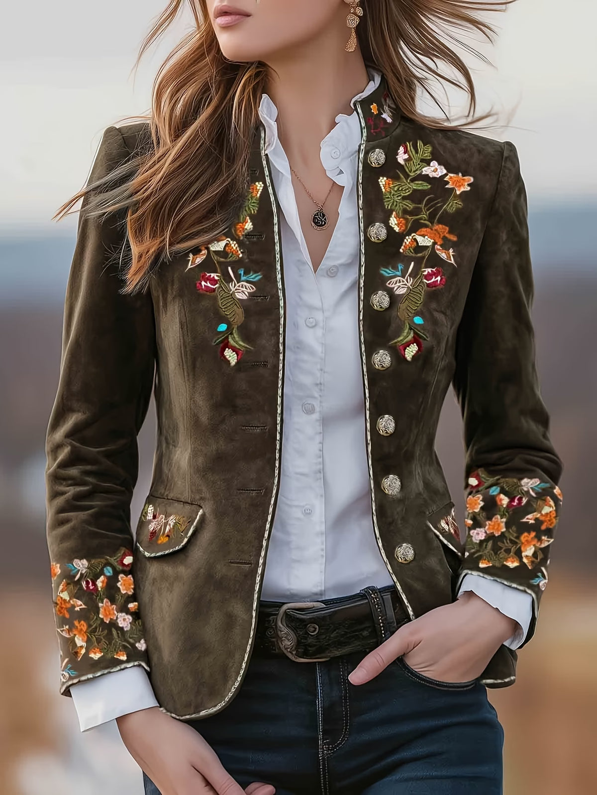 Mahault - Chaqueta de Ante Bordada Retro Chic con Cuello Alto