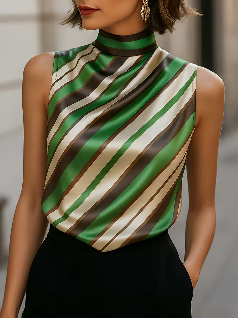 Asya - Blusa Chic de Satén a Rayas con Cuello Alto