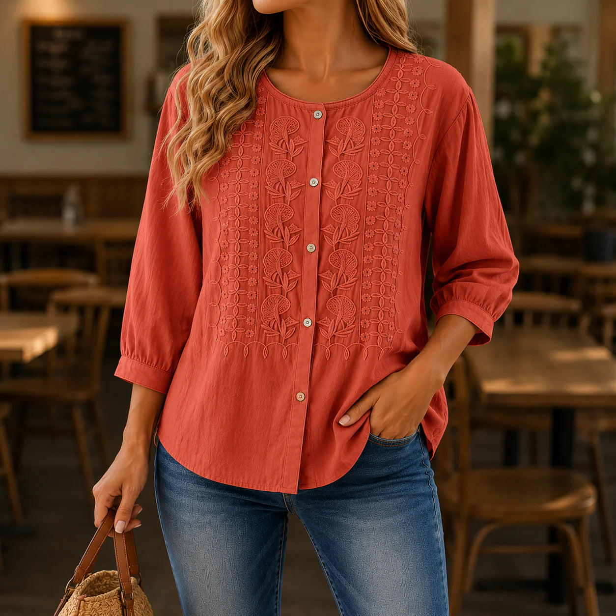 Britany - Blusa Elegante de Algodón Finamente Bordada