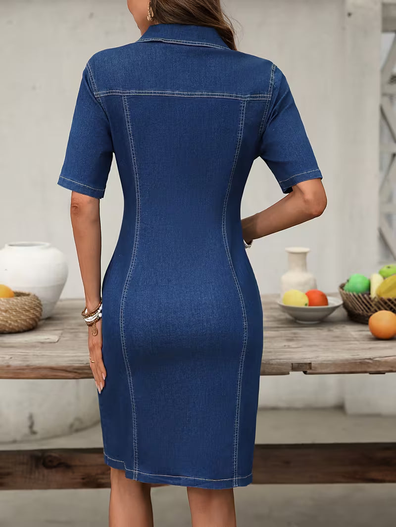 Samira - Vestido Camisero Femenino de Denim con Cierre de Cremallera