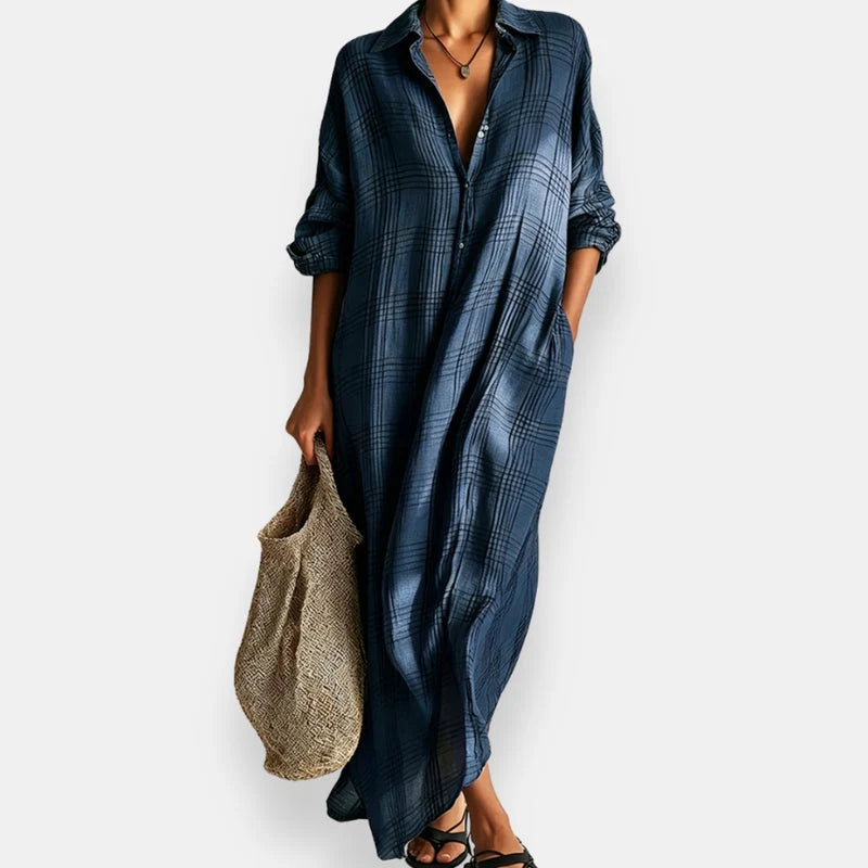 Naima - Vestido Maxi Camisero Oversize de Cuadros