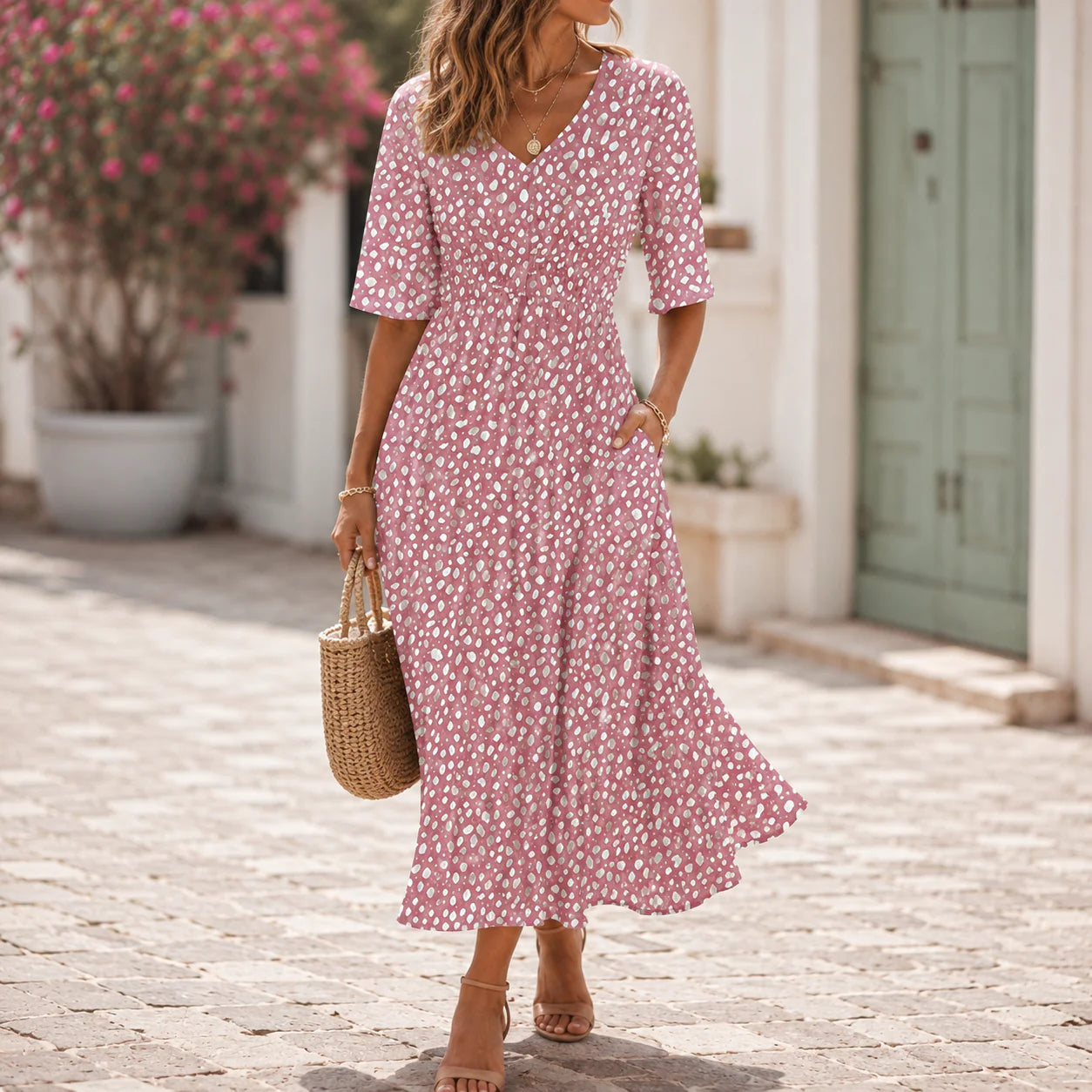Svea - Vestido de Verano Rosa y Blanco Acampanado