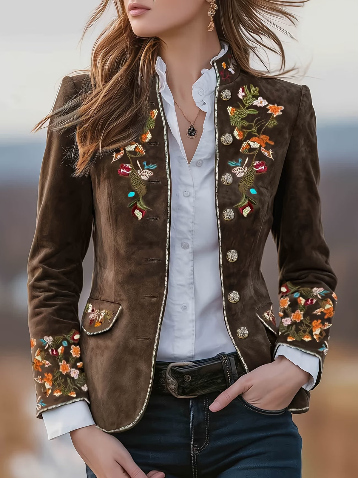 Mahault - Chaqueta de Ante Bordada Retro Chic con Cuello Alto