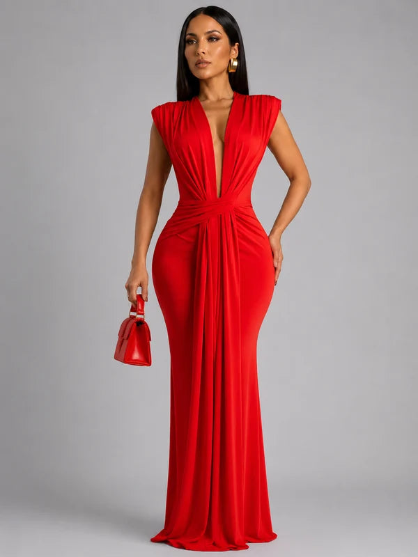 Isolde - Vestido Maxi Chic Fruncido con Escote Pronunciado