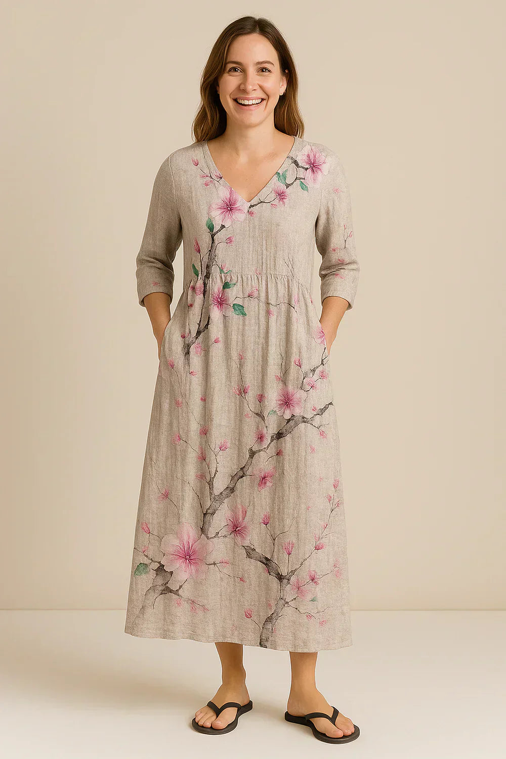Juline - Elegant Blomstret Kjole i Bomuld & Hør