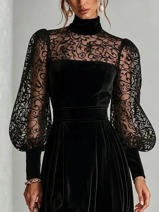Elissa - Vestido Negro de Terciopelo con Cuello Alto y Mangas de Encaje