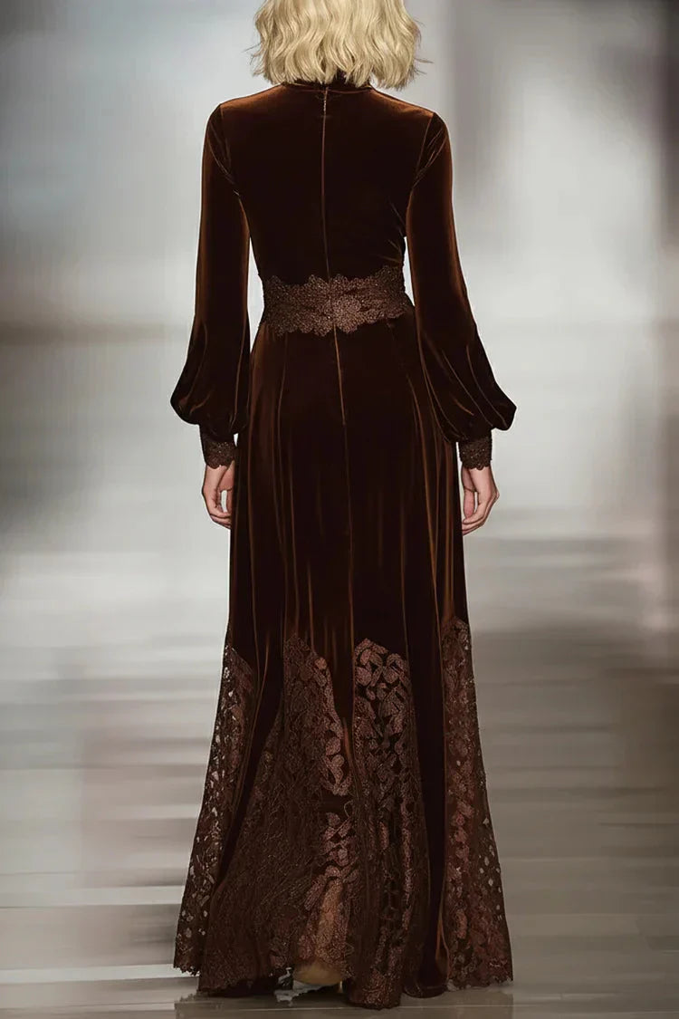 Evelyn - Longue Robe en Velours Chic Détails Dentelle Brodée