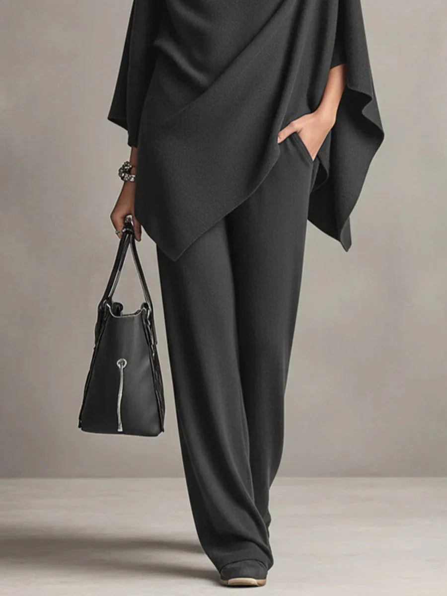 Gianna - Conjunto Elegante de Poncho Drapeado de Lana y Pantalones