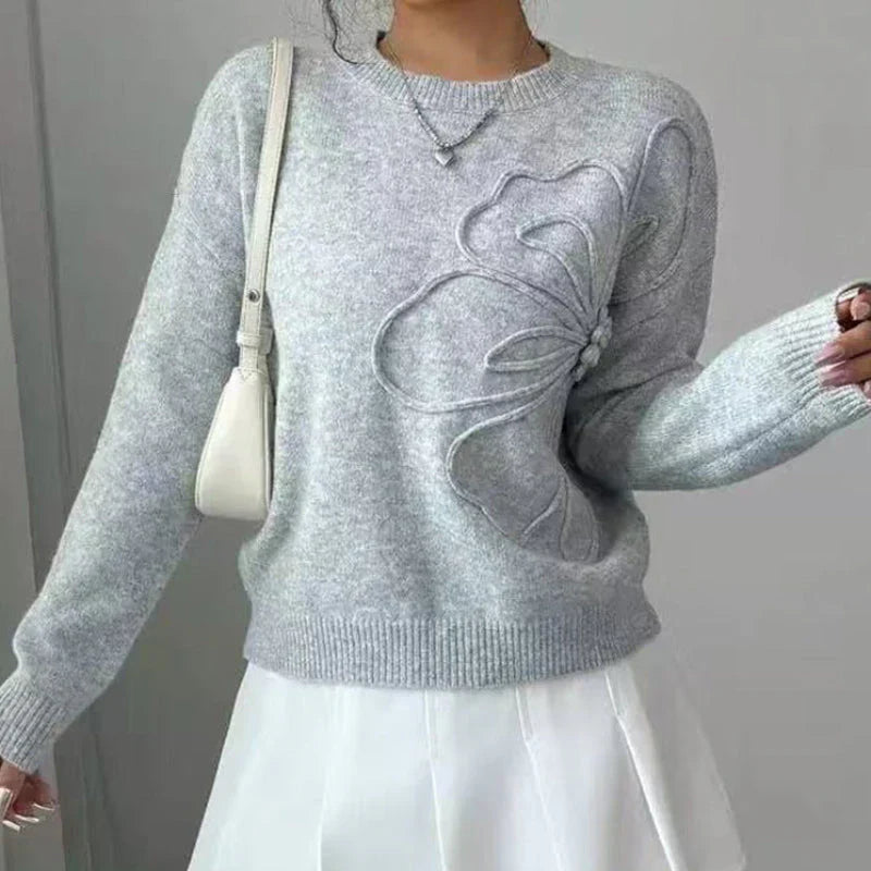 Eléna - Élégant Pull en Maille Supérieure Fleur Délicate