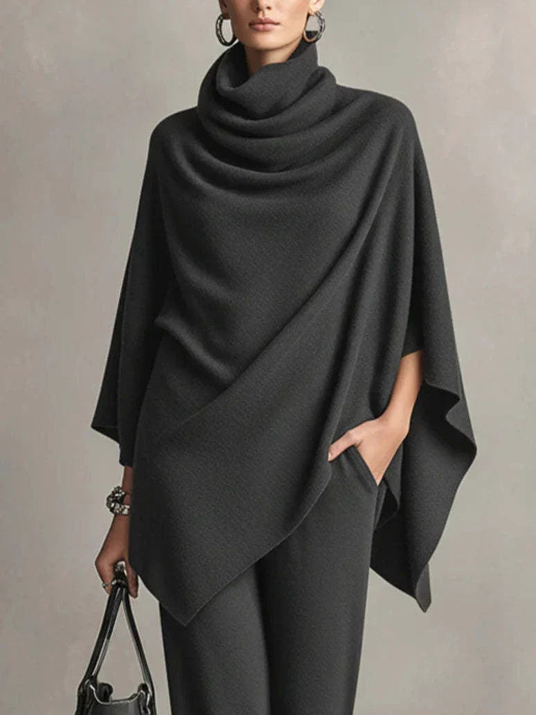 Gianna - Conjunto Elegante de Poncho Drapeado de Lana y Pantalones