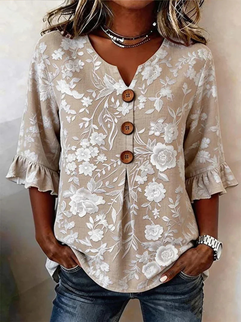 Fouzia - Blusa de Lino Bordada con Flores