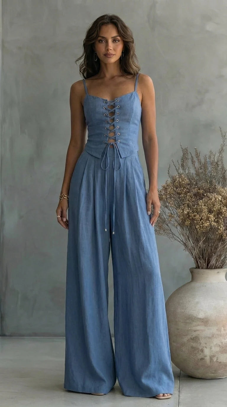 Nahia - Conjunto Top con Cordones y Pantalón Fluido de Lino