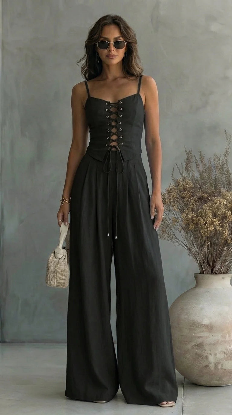 Nahia - Conjunto Top con Cordones y Pantalón Fluido de Lino