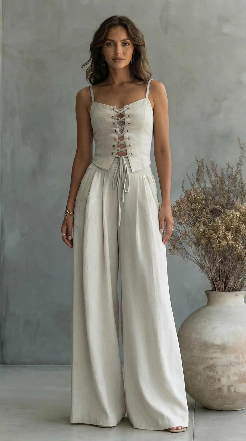 Nahia - Conjunto Top con Cordones y Pantalón Fluido de Lino