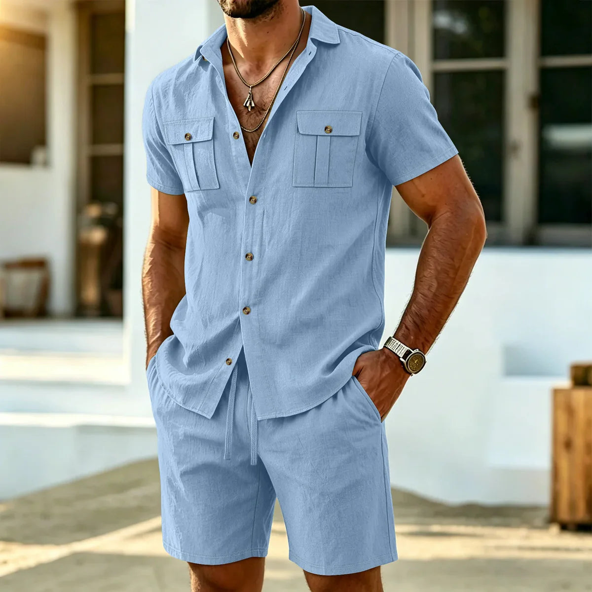 Jordan - Conjunto de Lino Camisa Cargo y Shorts Ajustables