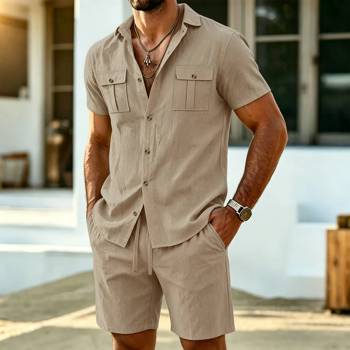 Jordan - Conjunto de Lino Camisa Cargo y Shorts Ajustables