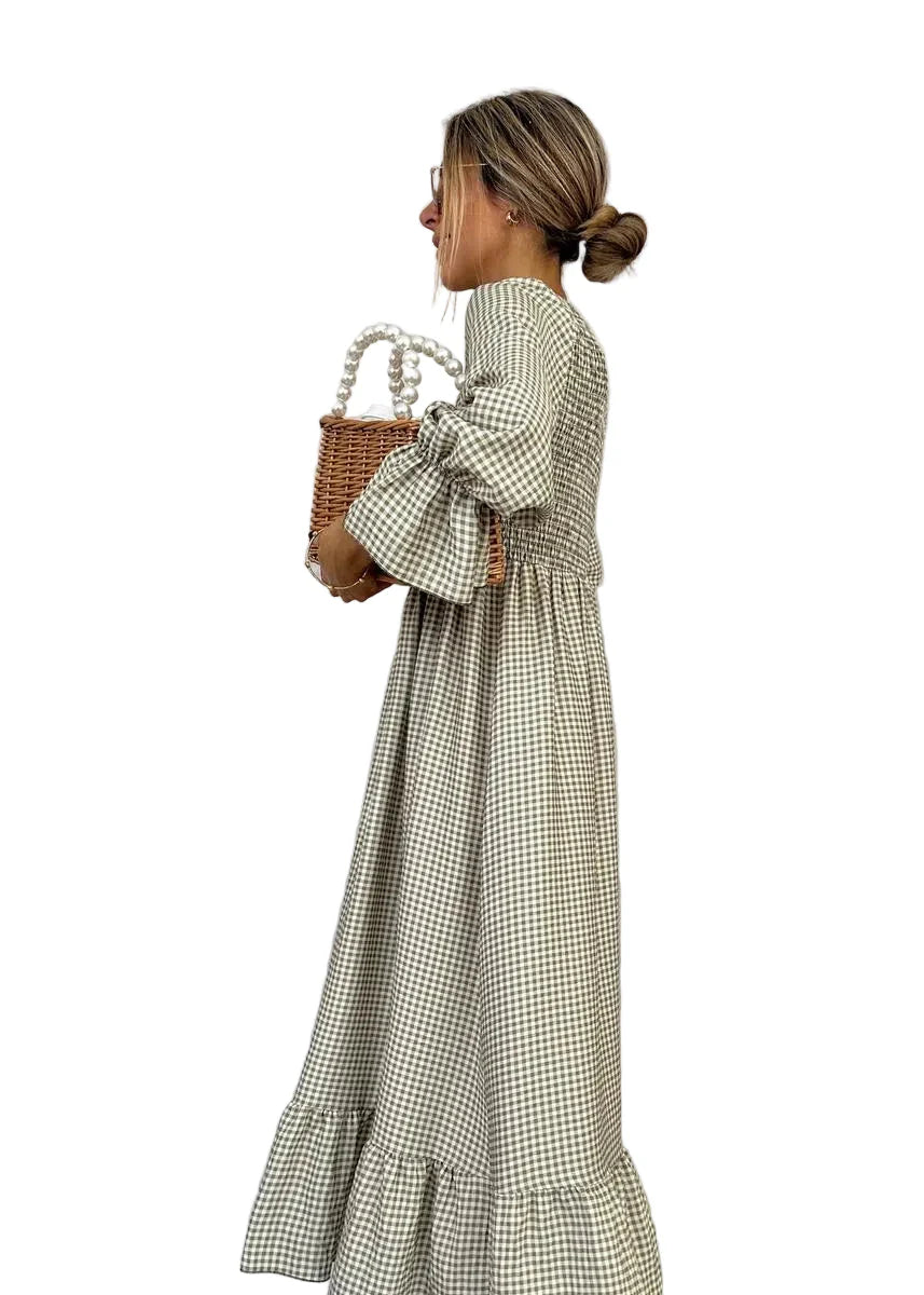 Simona - Vestido Maxi Modesto de Algodón con Cuadros Finos