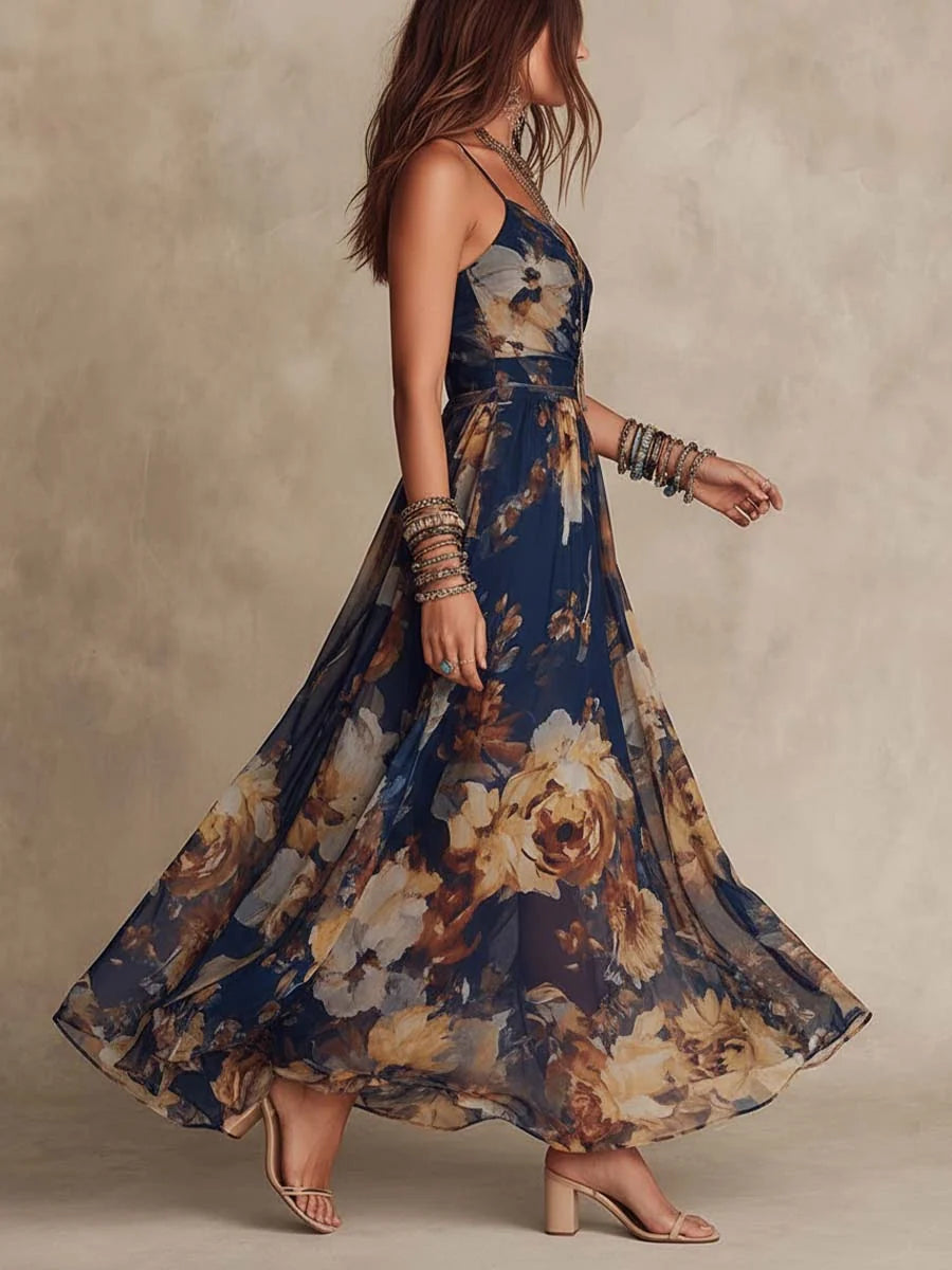 Melinda - Vestido Largo Azul Marino Floral Refinado