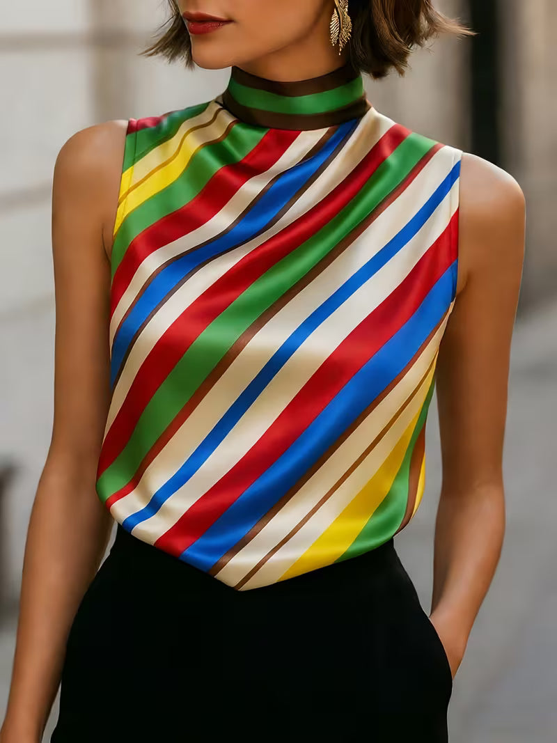 Asya - Blusa Chic de Satén a Rayas con Cuello Alto