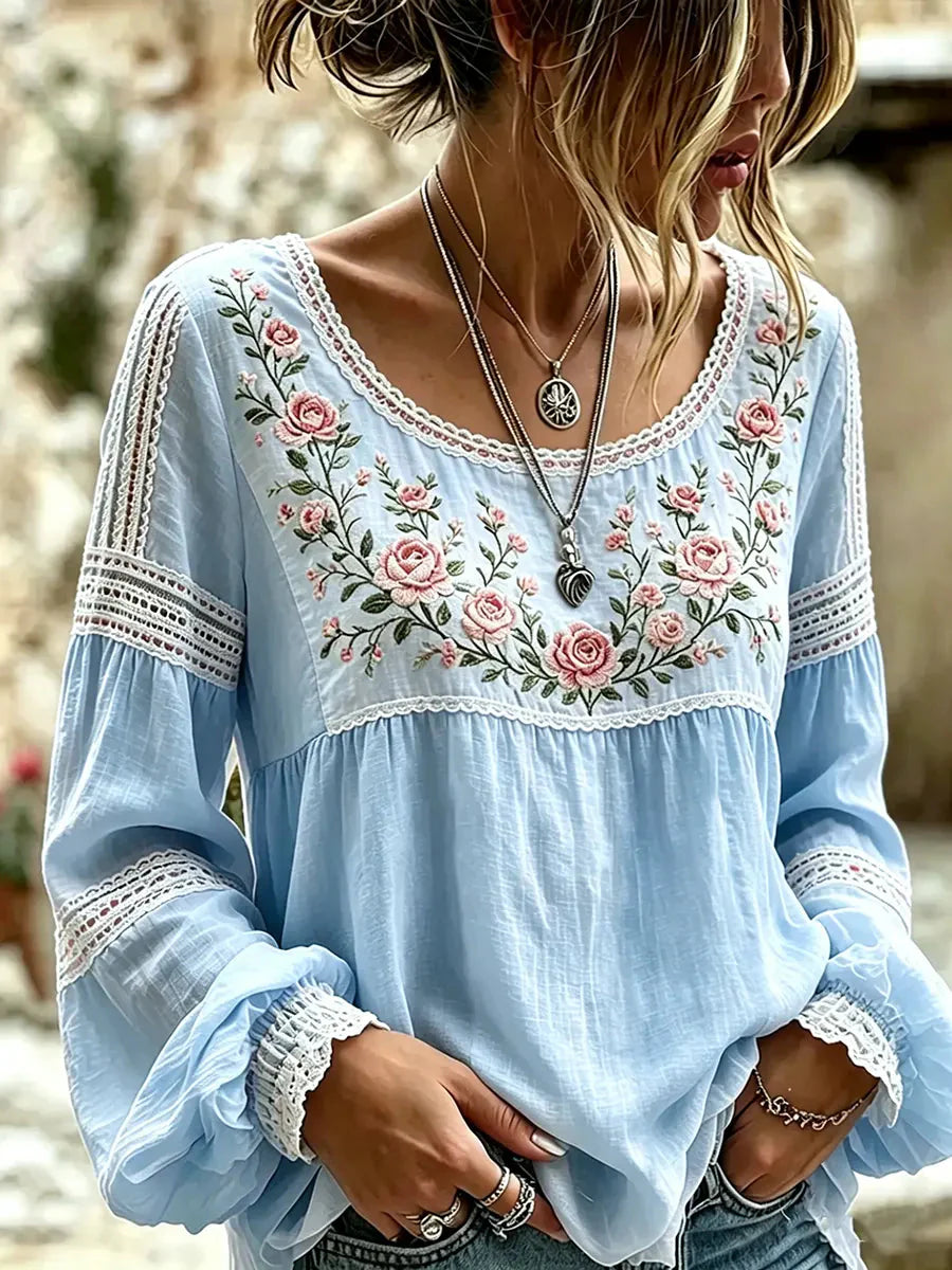 Isra - Blusa De Lino Estilo Bohemio Bordada Con Flores