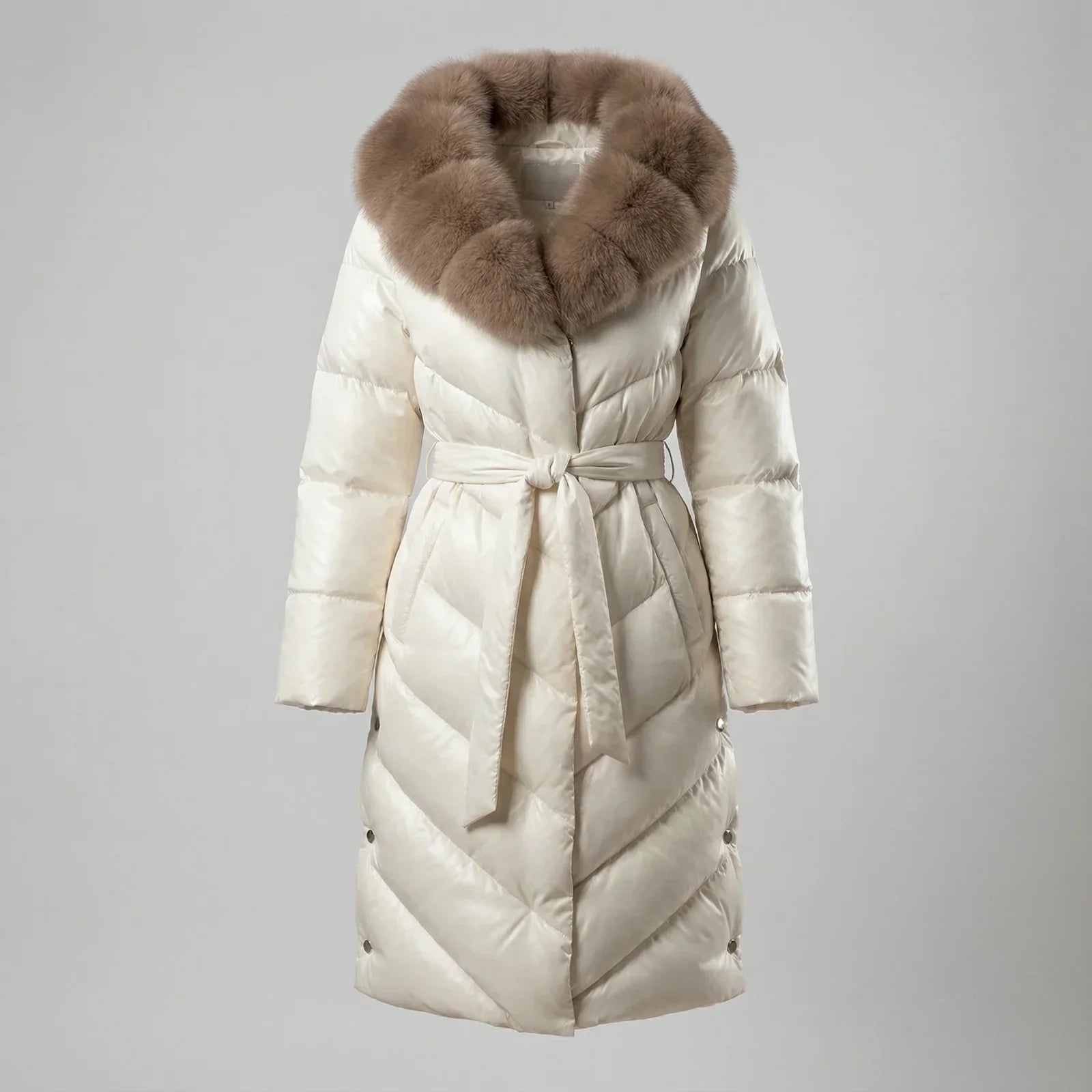 Khrystina - Long Manteau Chic Matelassé Col en Fourrure