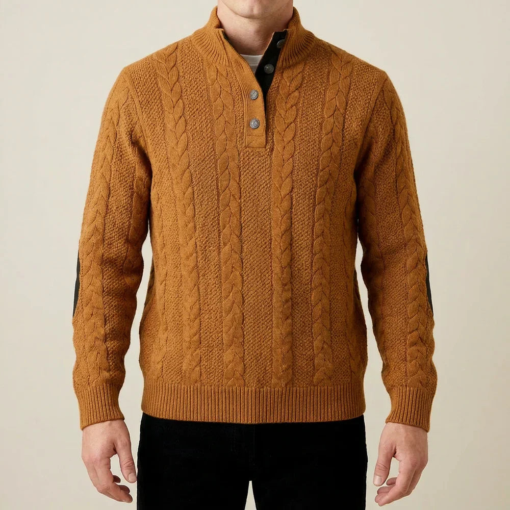 Evan - Pull en Maille Naturelle Robuste Col Montant Boutonné