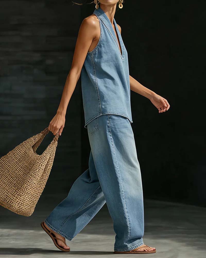 Djena - Conjunto Moderno Completo de Denim Amplio