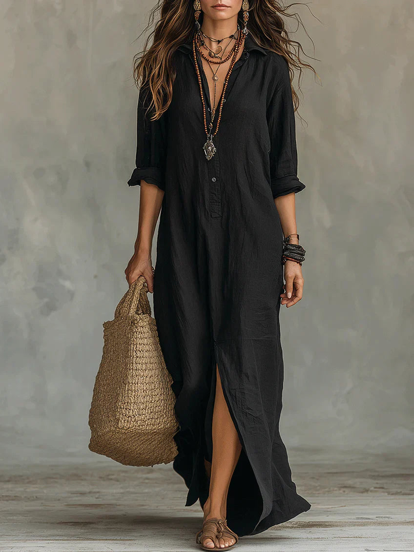 Whitney - Vestido Maxi Camisero con Abertura y Collar