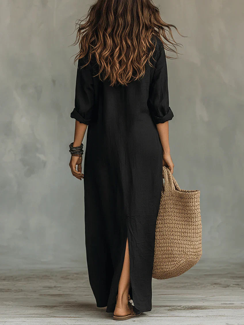 Whitney - Vestido Maxi Camisero con Abertura y Collar