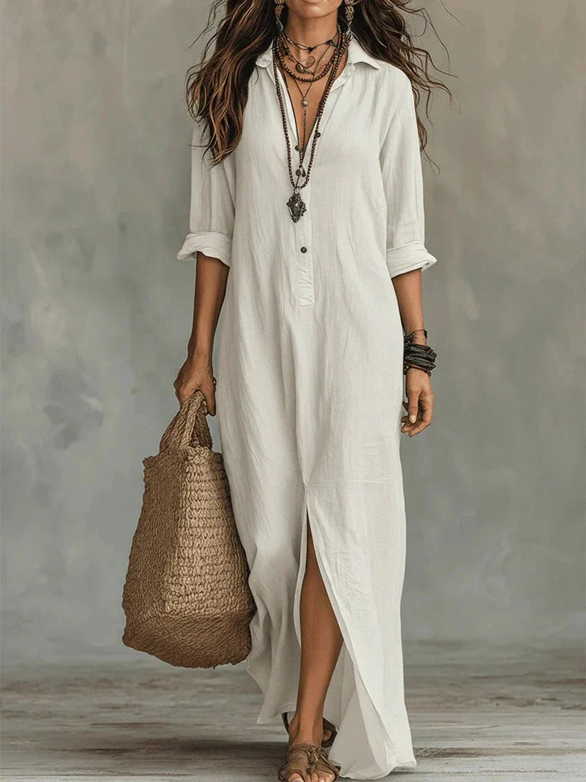 Whitney - Vestido Maxi Camisero con Abertura y Collar
