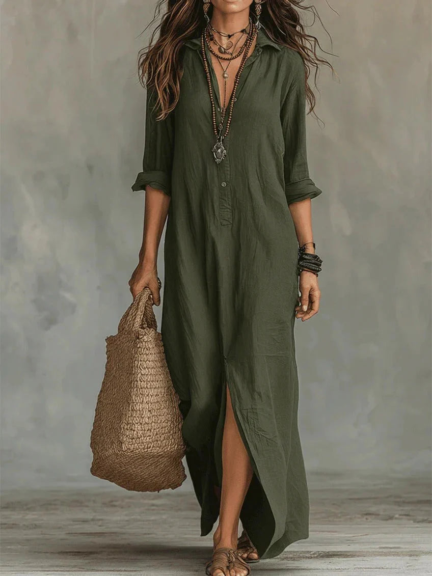 Whitney - Vestido Maxi Camisero con Abertura y Collar