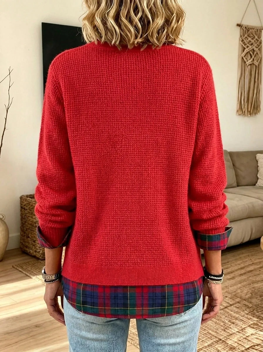 Lylou - Suéter de Punto Rojo con Detalles a Cuadros
